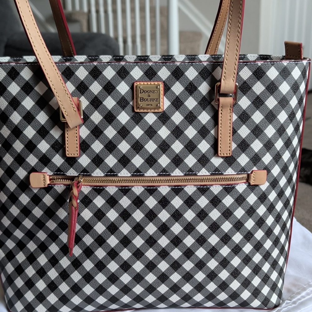 Dooney & Bourke Black and White Gingham Tote with Tan Trim